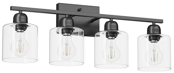 FAISHILAN MODERN 4 LIGHT BATHROOM LIGHT FIXTURES, 24 INCH BLACK VANITY LIGHTS FOR BATHROOM WITH CLEAR GLASS, BATHROOM VANITY LIGHT FOR MIRROR KITCHEN LIVING ROOM HALLWAY CABINET PORCH
