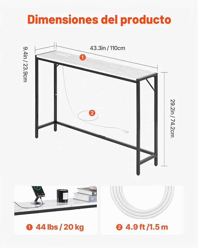 Consola de Mármol Estrecha y Larga con Toma de Corriente 110x23,9x74,2 cm Mesa Auxiliar de Sofá con Tubos de Hierro Dispositivo Antivuelco Soporta hasta 20 kg para Salón, Entrada, Recibidor