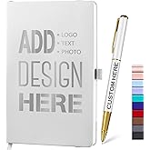 Auto-aAtend Personalized Custom Notebook and Pen Set with Your Logo/Text/Image, Notebooks for Business School, Customizable A5 Journal with Ballpoint Pen,192 Pages, 8.3 x 5.8 Inches, White