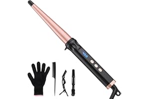 Curling Iron Wand for Long Short Hair, 1/2 to 1 Inch Tapered Hair Curler with Ceramic Barrel, Adjustable Temperature, Dual Vo