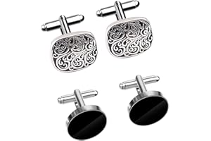 2 Pairs Cufflinks For Men, Stainless Steel Cufflinks Black Round Square Retro French Cuff Link Kit Classic Cufflinks Shirt Su