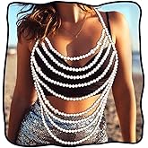 DRESBE Pearl Body Chain Silver Layered Chest Chains Bikini Bra Accessories for Women