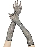 Womens Sheer Mesh Elbow Length Gloves Fishnet Rhinestone Sparkly Elasticity Gloves For Opera Prom Party Halloween Costumes