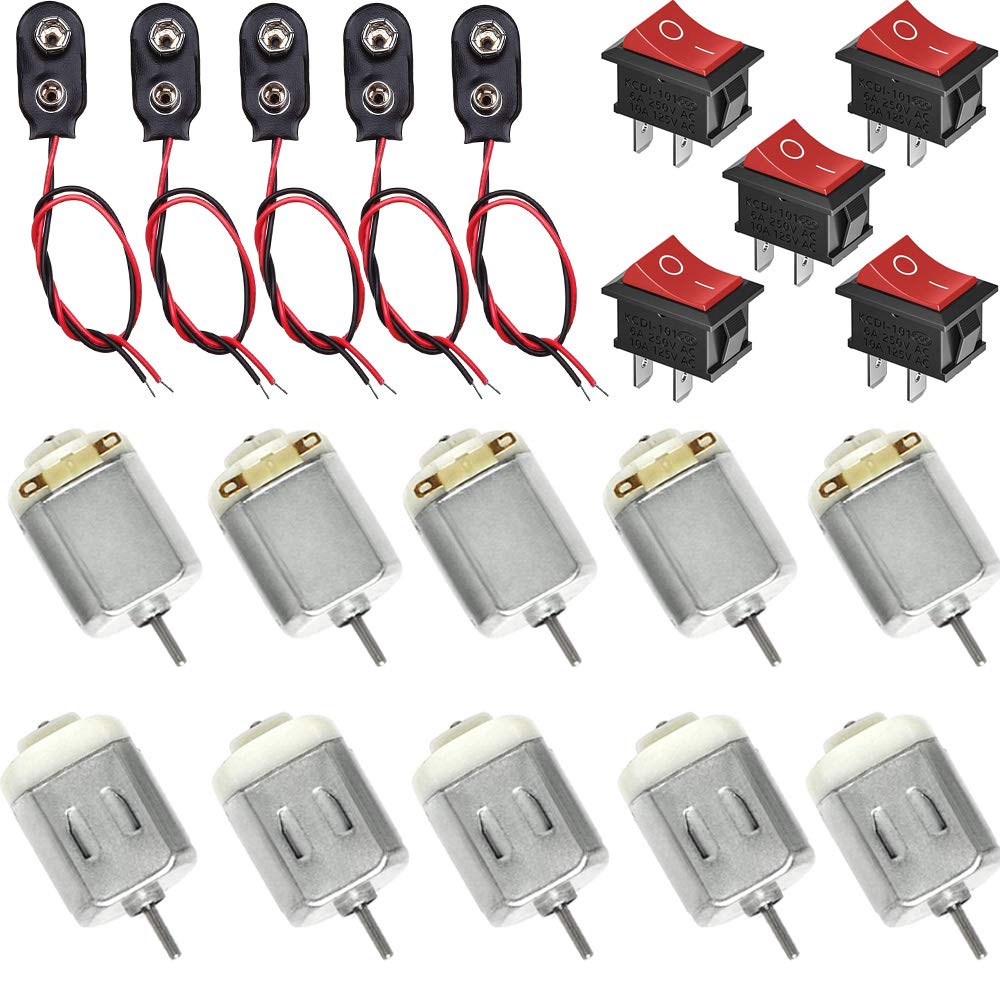 RUNCCI-YUN 10 pcs Micro DC Motors Kit,DC 1.5-6V DC Motor,130 DC Motor 5pcs 9V battery connector 5pcs ON/Off Toggle Switch for DIY Science Projects