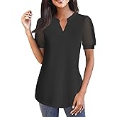 AxByCzD Womens Puff Sleeve Polka Dot V Neck Chiffon Blouses Cute Trendy Dressy Casual Tops