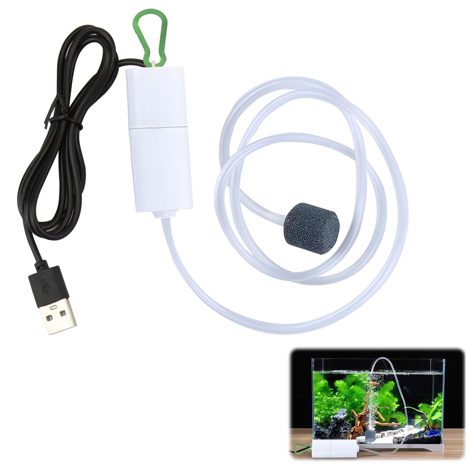 Portable USB Fish Tank Air Pump, Dual Outlet Aquarium Oxygen Pump with Air Stone and Tubing, for Small Tanks, Bait Buckets, Fish Transport and Outdoor Use