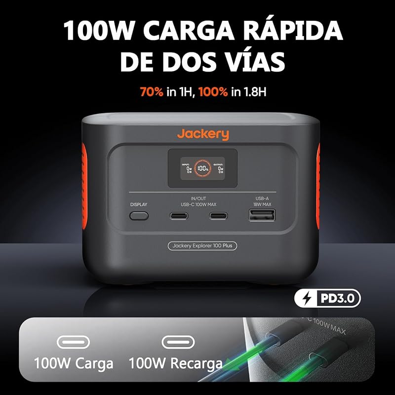 Jackery Explorer 100 Plus Mini Central Elétrica Portátil, 99Wh/31000mAh Sofreu LiFeP04 Bateria, 3 USB-A/C 128W Portas MAX Output, Palm Size para Viagens de Negócios, Excursões