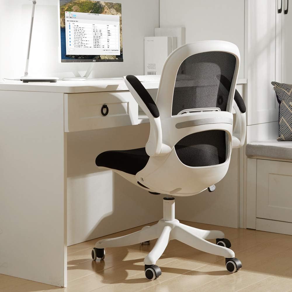BERLMAN Ergonomic Mid Back Mesh Office Chair with Flip-up Arms and Adjustable Height Desk Chair Anchor Chair Student Chair (White&Black)