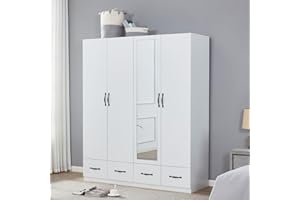 ClassyCabin Mirror Wood Wardrobe Closet, Wooden 4 Drawers Armoire Wardrobe Closet for High Storage Capacity, White Tall Cabinet Closet Wardrobe with 2 Hanging Rod