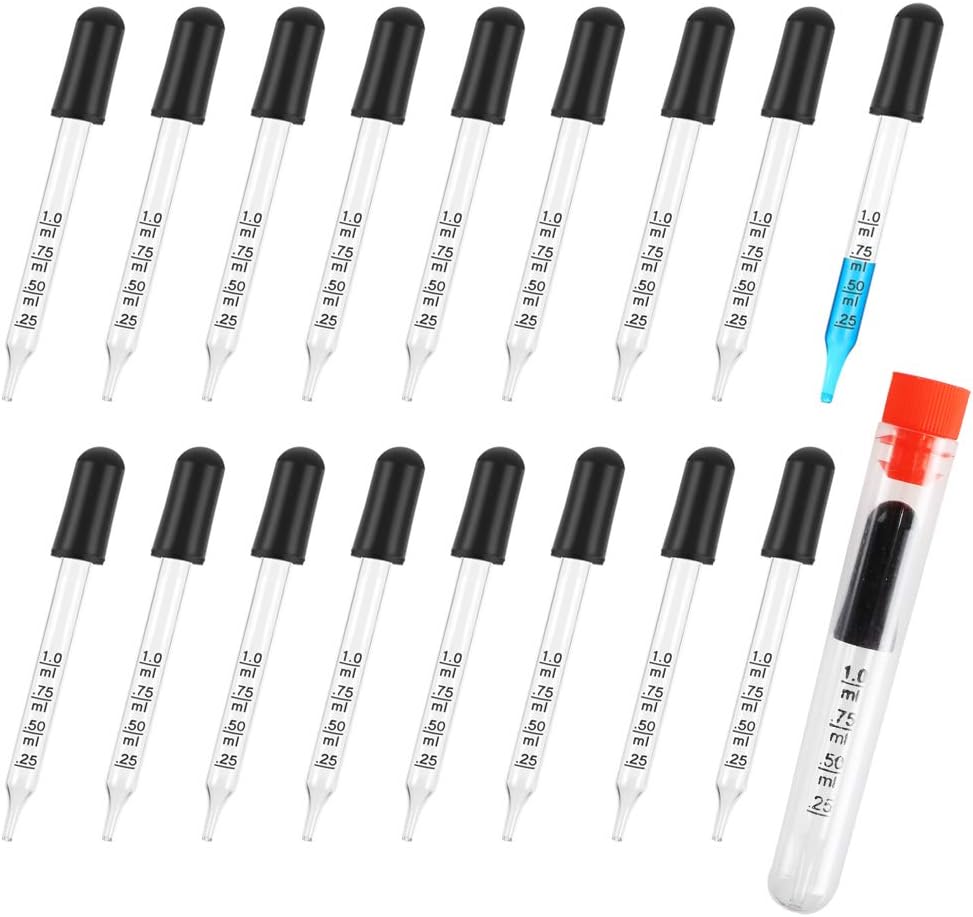 Glass Liquid Droppers, ETSAMOR 1 ml Essential Oil Dropper Pipette with Black Rubber Head and Plastic Test Tube Protection Calibrated Glass Dropper for Essential Oil Makeup Art Laboratory, 20 pcs