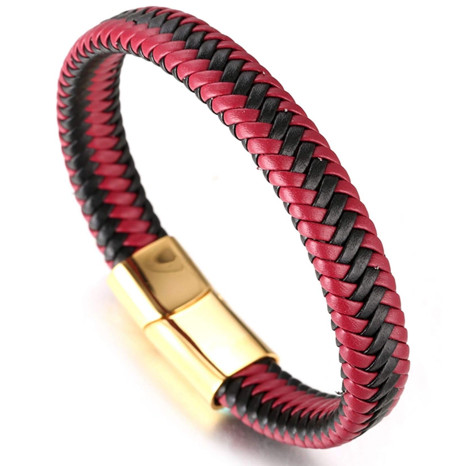 HALUKAKAH ● Jazz ● Men's Genuine Leather Red Handmade Braid Bracelet Titanium Magnetic Clasp 8.5"(21.5cm) with Free Giftbox (Party Passion Red Gold)