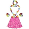 Fortuning's JDS Girl's Elastic Hawaiian Hula Dancer Grass Skirt with Flower Costume Set -Pink