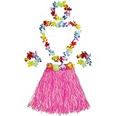 Fortuning's JDS Girl's Elastic Hawaiian Hula Dancer Grass Skirt with Flower Costume Set -Pink