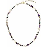 Purple Gold Teal Blue Pearl Amethyst Beaded Natural Stone Healing Statement Necklace Choker for Women by SNGIA, Colorful Quartz Trendy Birthstone Gemstone Bohemian Preppy Retro Bold Handmade Exaggerated Jewelry Gifts, Vintage Unique Cute Baroque Dangly Drop Summer Beach Fashion Nickle Free Rhinestone Accessories