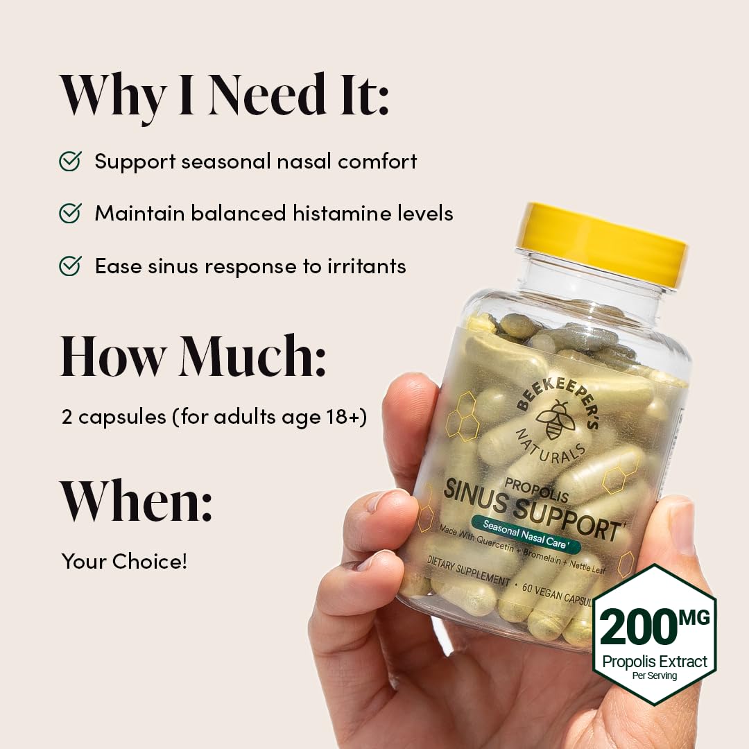 Beekeeper's Naturals All Natural Sinus Support for Adults, Seasonal Nasal Care Relief with Propolis, Quercetin, Bromelain, Nettle Leaf, & Vegan Capsule, Blocks or Suppresses Histamine, 60 ct