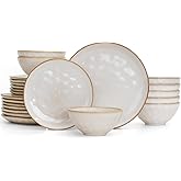 Famiware Dinnerware Sets for 8, Ocean Round 24-Piece Kitchen Plates and Bowls Sets, Reactive Glaze, Microwave and Dishwasher Safe, Scratch Resistant, Cappuccino White