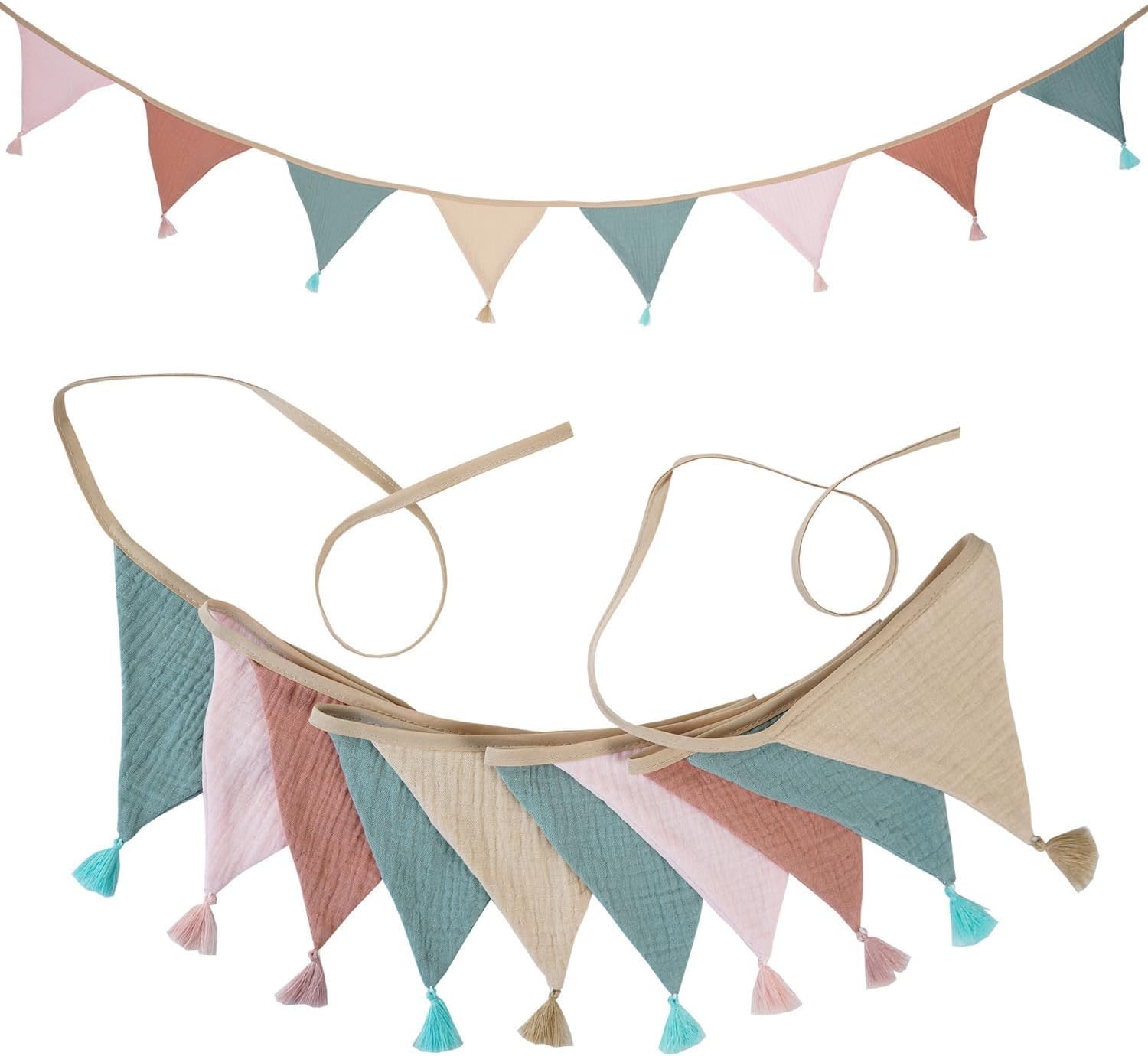 Baby Bunting with Tassels - 10pcs Double Sided Cotton Fabric Triangle Banner for Nursery/Bedroom/Baby Shower Decor, 2.6m