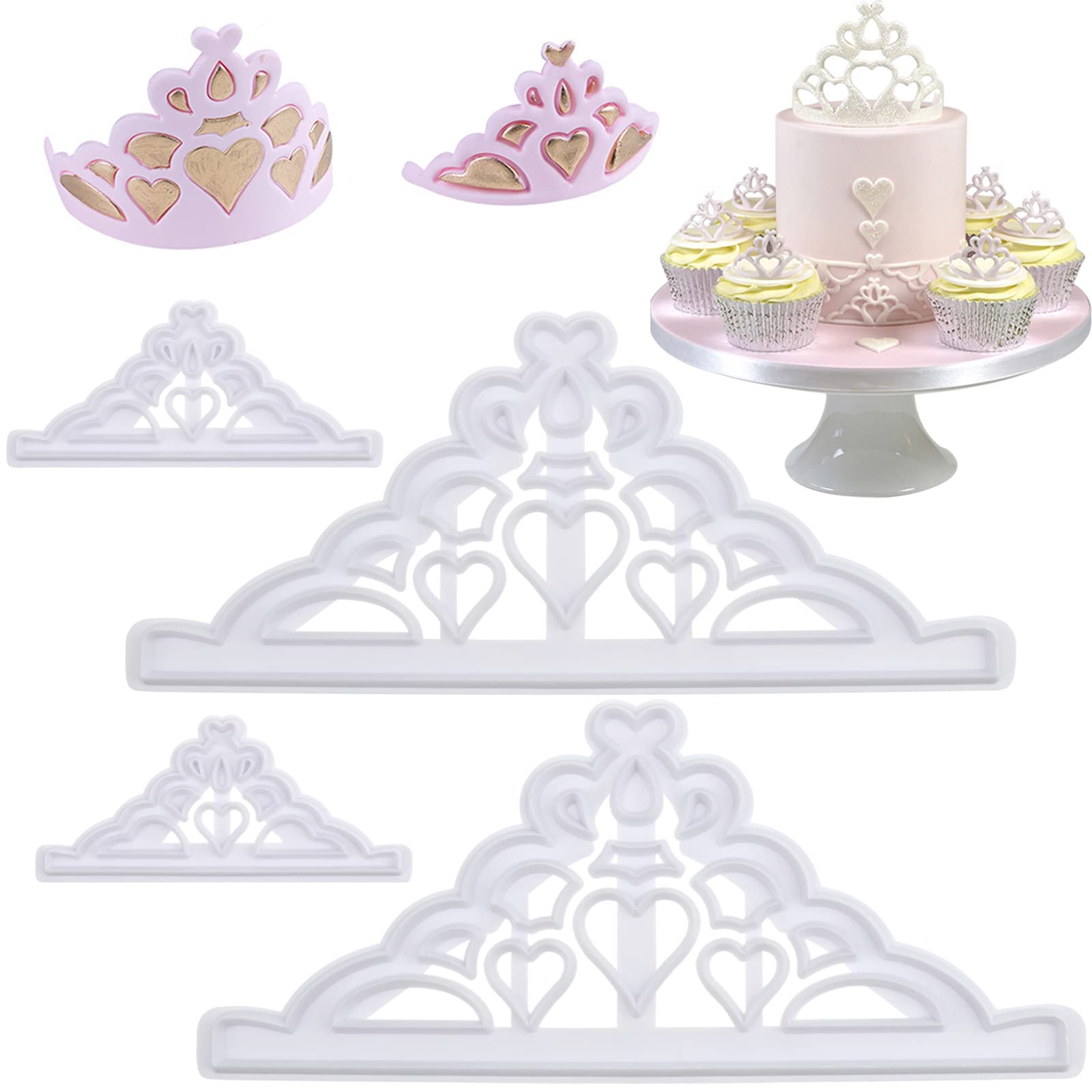 DonLeeving 4 Pcs Tiara Fondant Cutter Set - Crown and Princess Crown Mold, Cupcake Decorating Gumpaste Mould, White
