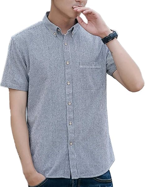 Amazon Infabe シャツ メンズ 細身 スリム 短袖 メンズ シャツ ボタンアップ ストライプ シャツ カジュアル 春 夏 シャツ 通販