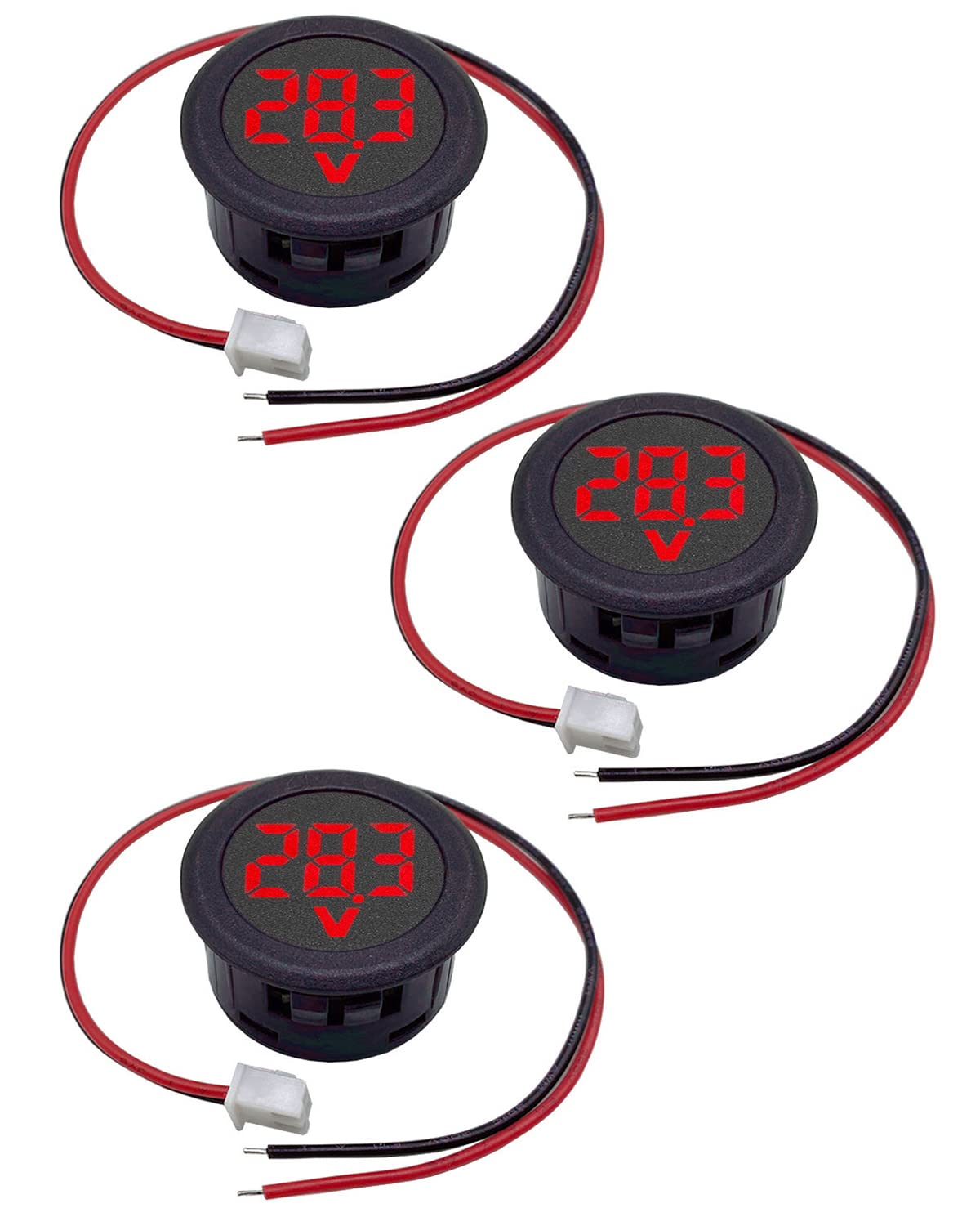 VOKTTA 3 Pieces Car LED Digital Voltmeter DC 4-100V,2 Wires Voltage Tester 3-Digit LED display Voltage Meter with Anti -connection protection for car/marine/boat (Red)