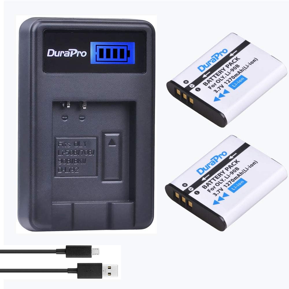 DuraPro 2Pcs LI-90B LI-92 DB-110 Battery + LCD USB Charger for Ricoh GR III WG-6; Olympus Tough TG-5, TG-Tracker, SH-1, SH-2
