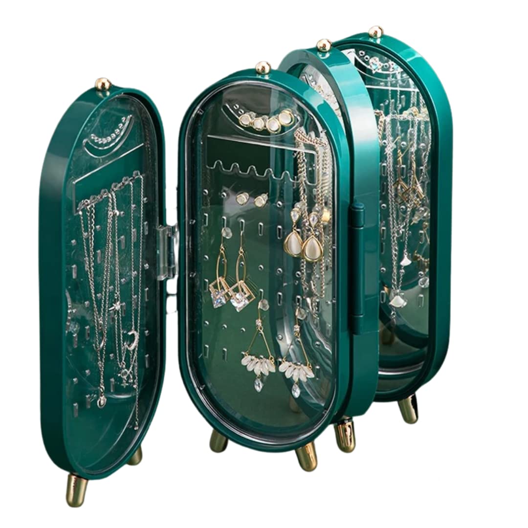 ZÉAUSA Jewellery Organiser Box with Mirror Earrings Necklace Bracelet Display Stand Foldable Storage Case (Green)