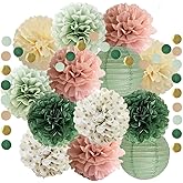 Sage Green and Dusty Pink Party Decorations Sage Green Pink Tissue Paper Pom Poms Decorations Paper Lanterns Cicle Dots Garland for Bridal Shower Baby Shower Wedding Birthday Party Decorations