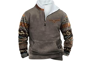 Blczomt Mens Vintage Sweatshirt Ethnic Cowboy Graphic Half Zip Pullover with Elbow Patches Casual Stand Collar Tops