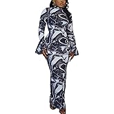 Women Sexy Long Sleeve Maxi Dress Mock Neck Mesh Print Bodycon Y2K Dress Elegant Cocktail Night Out Club Dresses