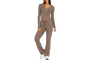RUBZOOF Womens Lounge Set 2 Piece Loungewear Long Sleeve Cropped Tops Matching Flare Pants Sets Casual Y2k Fall Outfits XS-XL