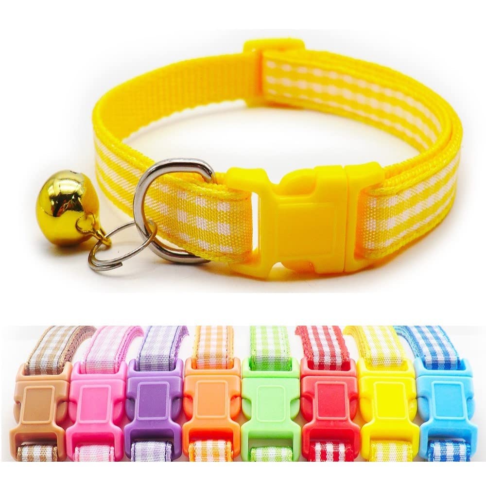 Small Dog Puppy Pet Collar Check Checkered Design with Bell Nylon Adjustable Size 19-32cm Yellow