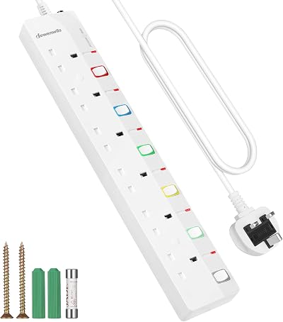 DEWENWILS 6 Way Extension Lead with Individual Switches 3M Surge Protected White