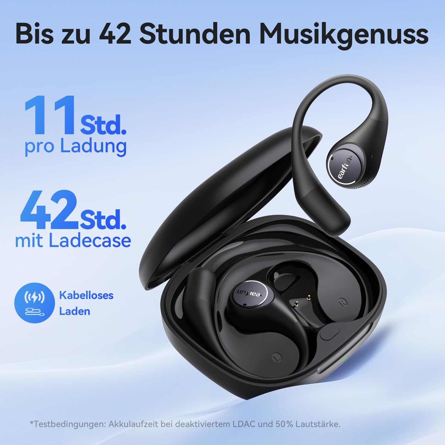 EarFun OpenJump Bluetooth Open-Ear Kopfhörer, Hi-Res Audio, LDAC, Theatermodus, anpassbare Ohrbügel, 42 Std Akku, Kabelloses Laden, IPX7 Sportkopfhörer, Klare Anrufe mit KI, Spielmodus, Multipoint 5