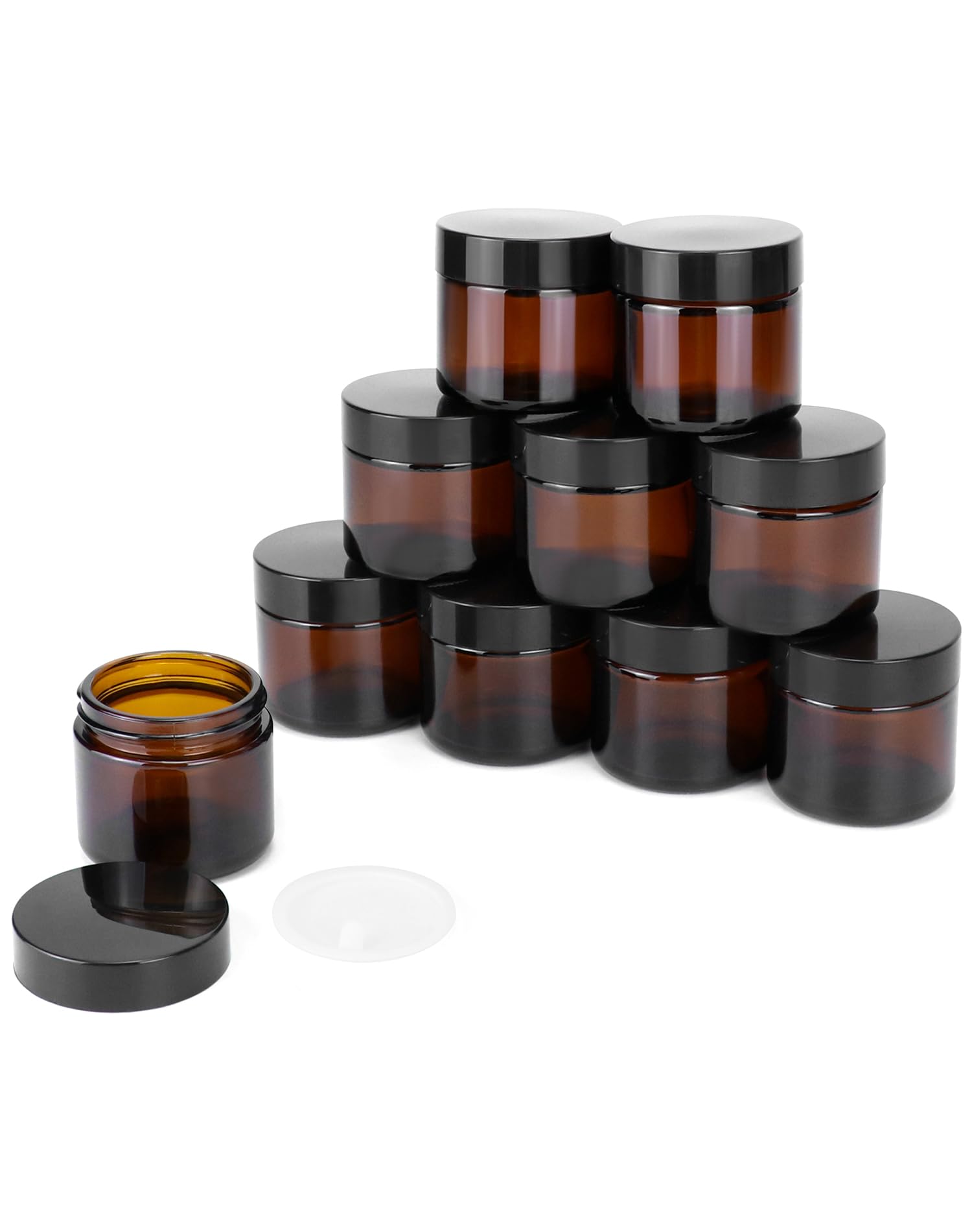 QWORK® 10 Pack 2 oz 60ml Amber Glass Jars with Black Lids, UV Protective Multipurpose Containers, for Homemade Creams, Lotions