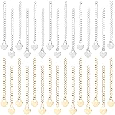 UNICRAFTALE 40Pcs 2 Colors Stainless Steel Curb Chain Extension End Chains with Heart Charms Chain Tabs Necklace Bracelet Extension Chain Anklet Extenders for DIY Jewelry Making 59~65mm