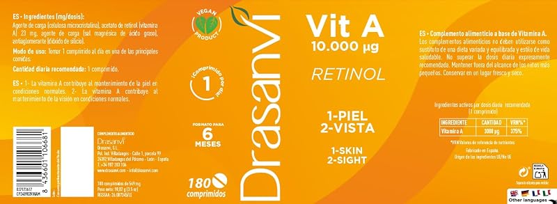 Vitamina A Retinol 10000mcg Drasanvi en 180 Comprimidos Vegano Natural