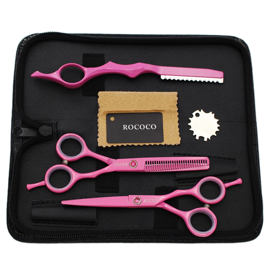 Rococo Professional 6 Inch Hairdressing Scissors Set Pink Salon Hair Cutting Scissors and Hair Thinning Shears Kit with Razor for Female Hairdresser (Pink)
