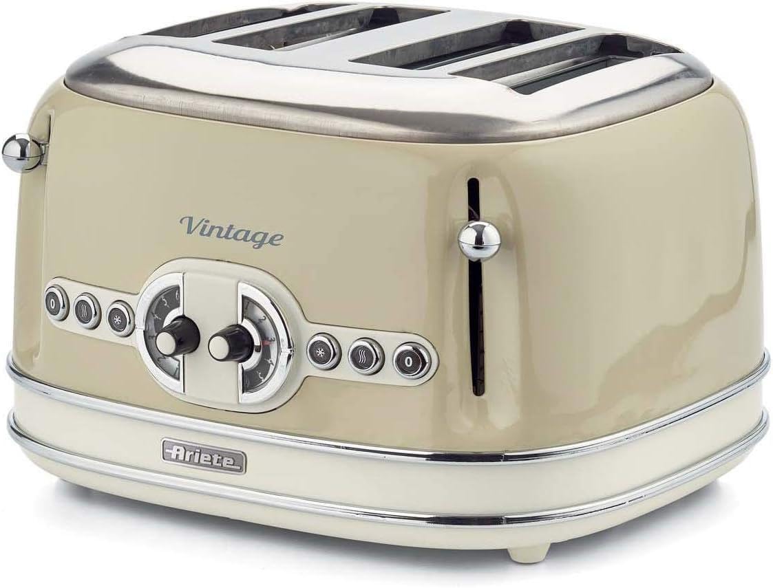 Ariete Vintage 4 Slices Toaster 156, Grille-Pain Avec 6 Niveaux De Grillage, Éjection Automatique, Fonction Décongélation, Tiroir Ramasse-Miettes Amovible, Corps En Acier Inoxydable, 1600W, Beige
