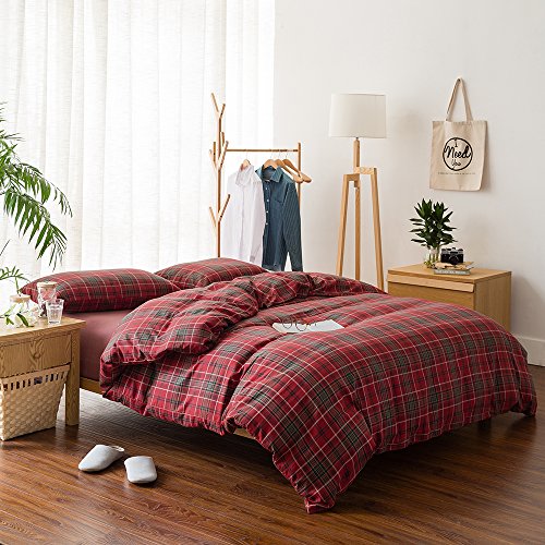 Luxury Plaid Flannel Bedding Duvet Cover Set Queen King Size Red 3 PC Grid Pattern Printed
