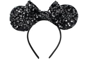 PAITTY Pearl Mouse Ears Bow Headbands for Girls Kids Sparkle Hair Band Ear Headband Party Princess Trip Cosplay Costume Decor (Black Sequin)