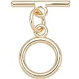 BENECREAT 10 Sets 18K Gold Plated Brass Toggle Clasps with Jump Rings Flat Round Toggle Clasps Connectors(Ring: 12x9x1.5mm) for Necklace Bracelet Jewelry Making
