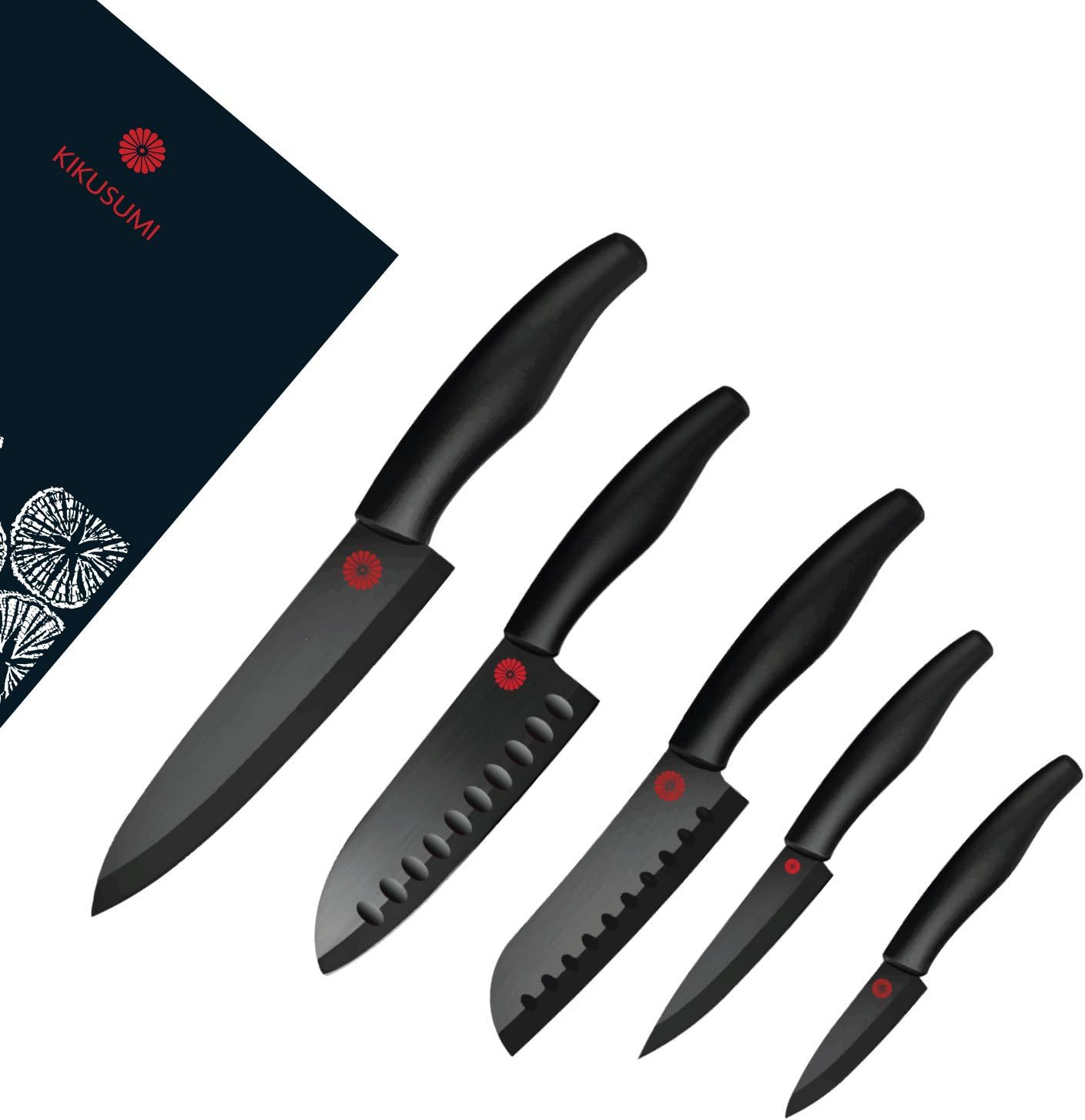 Kikusumi 5-Piece Chef Knife Gift Set Bundle-SUMI Black Handle + Black Ceramic Blade - 7 inch Chef Knife + 5.5 inch Santoku + 5 inch mini Santoku + 4 inch Paring + 3 inch Paring + 5 Sheath (Black)