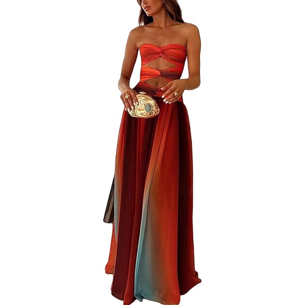 TUWIXIUW Women Tie Dye Tube Maxi Dress Strapless Twist Front Hollow Out Long  Pleatde Dress Elegant Mesh Gradirnt Dresses(Orange,Small) at Amazon Women's  Clothing store