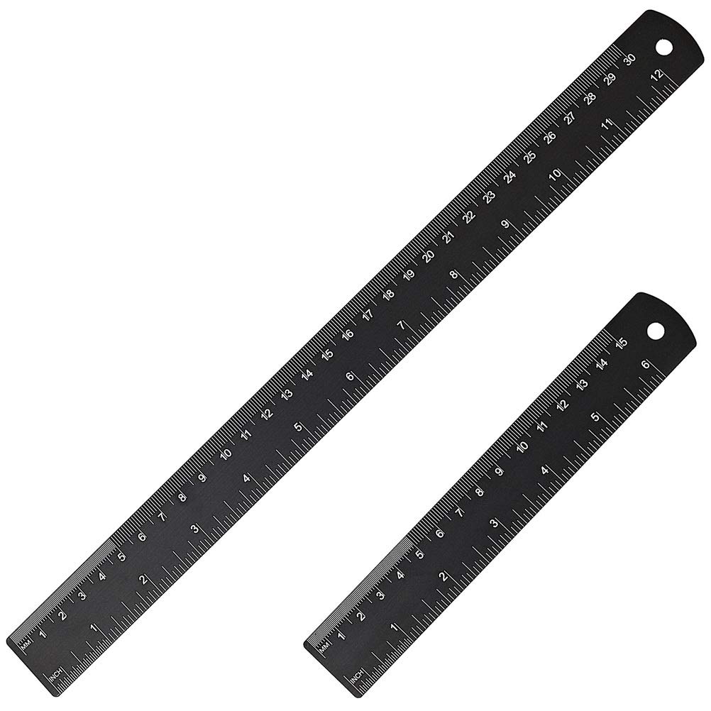 2 Pcs 30cm&15cm Metal Ruler, Stainless Steel Ruler Black Metal Long Rulers with Conversion Table for School and Office Measuring