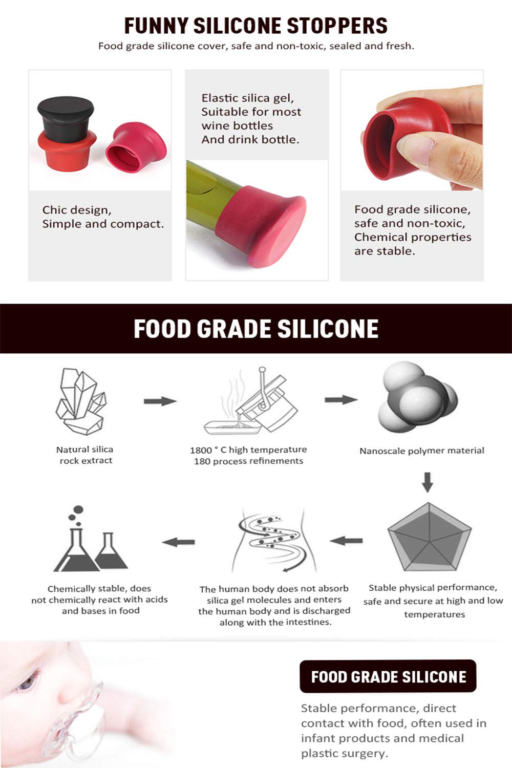 6 Wine Stoppers,Kitchenware Bottle Caps,Set of 6 Silicone Wine Reusable Caps Stoppers for Wine and Beer Bottles(Black2,Grape Purple 2,Red2)-P&M Home