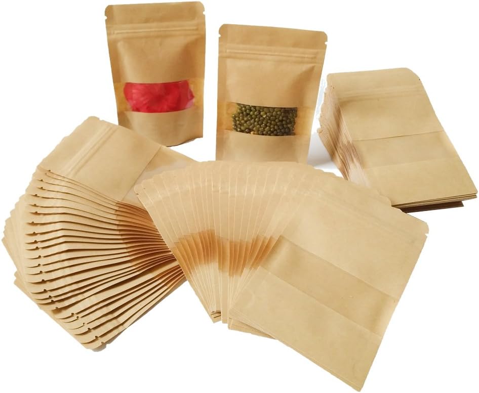 100pcs Kraft Zip Lock Stand Up Bags Pouches with Window Waterproof Paper Bag can be used as Envelope Seed bag Gift bag Jewelry bag Candy box(9 * 14cm