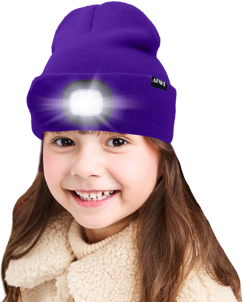 ATNKE Kids LED Lighted Beanie Cap, USB Rechargeable 4 LED Headlamp Waterproof Winter Warmer Knit Night Hats with Light for Boys Girls/Purple