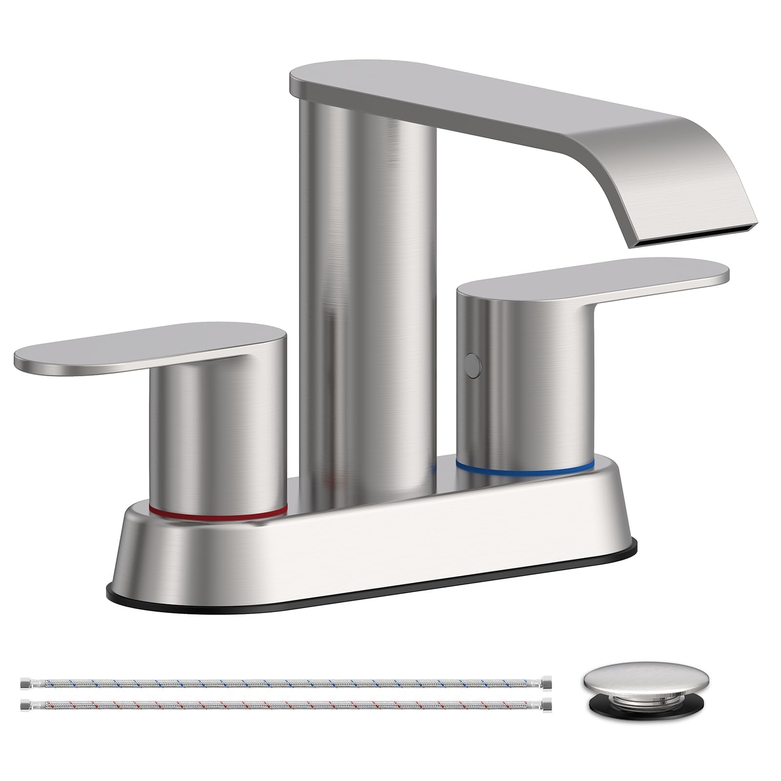 Homevacious Waterfall Bathroom Sink Faucet Brushed Nickel 4 Inch Centerset Two Handle Stainless Steel Modern Bathroom Faucets with Pop up Drain Supply Hose for Vanity RV 2 or 3 Hole Sink Image