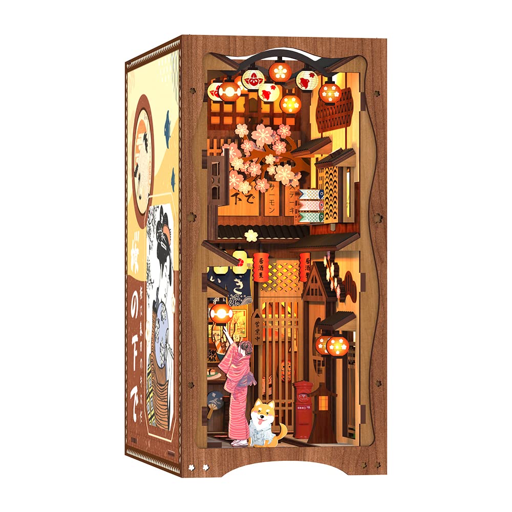 CUTEBEE Book Nook Kit,DIY Miniature Dollhouse Booknook Kit with Dust Cove and Led Light,3D Wooden Library Model kits to Build,Bookends Bookshelf Decor Gift for Adults(Under The Sakura Tree)