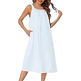 SWOMOG Women's Cotton Nightgowns Sleeveless Night Gown Embroidery House Dress Soft Long Nightdress with Pockets